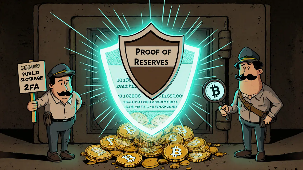 A glowing Proof of Reserves shield with Bitcoin coins inside, viewed through a magnifying glass showing a blockchain address.