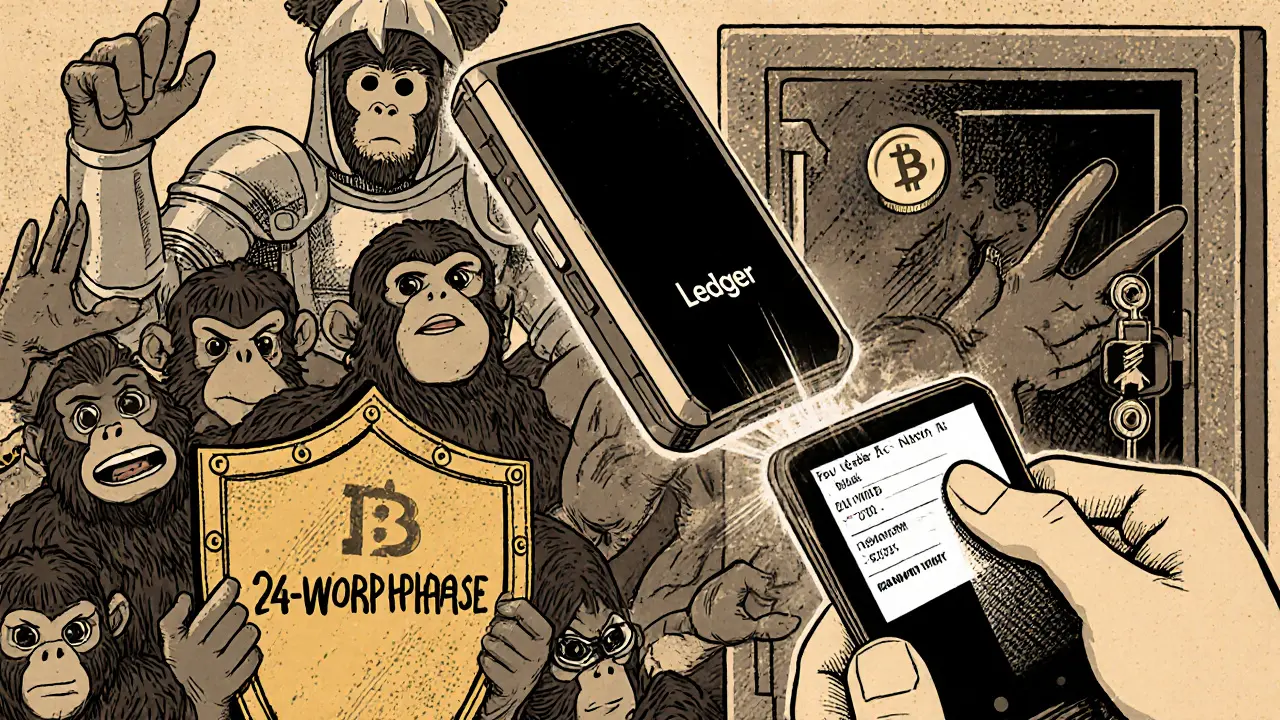 A hardware wallet like a knight blocking hacker hands from stealing NFTs, with a safe and verified phrase shield in the background.