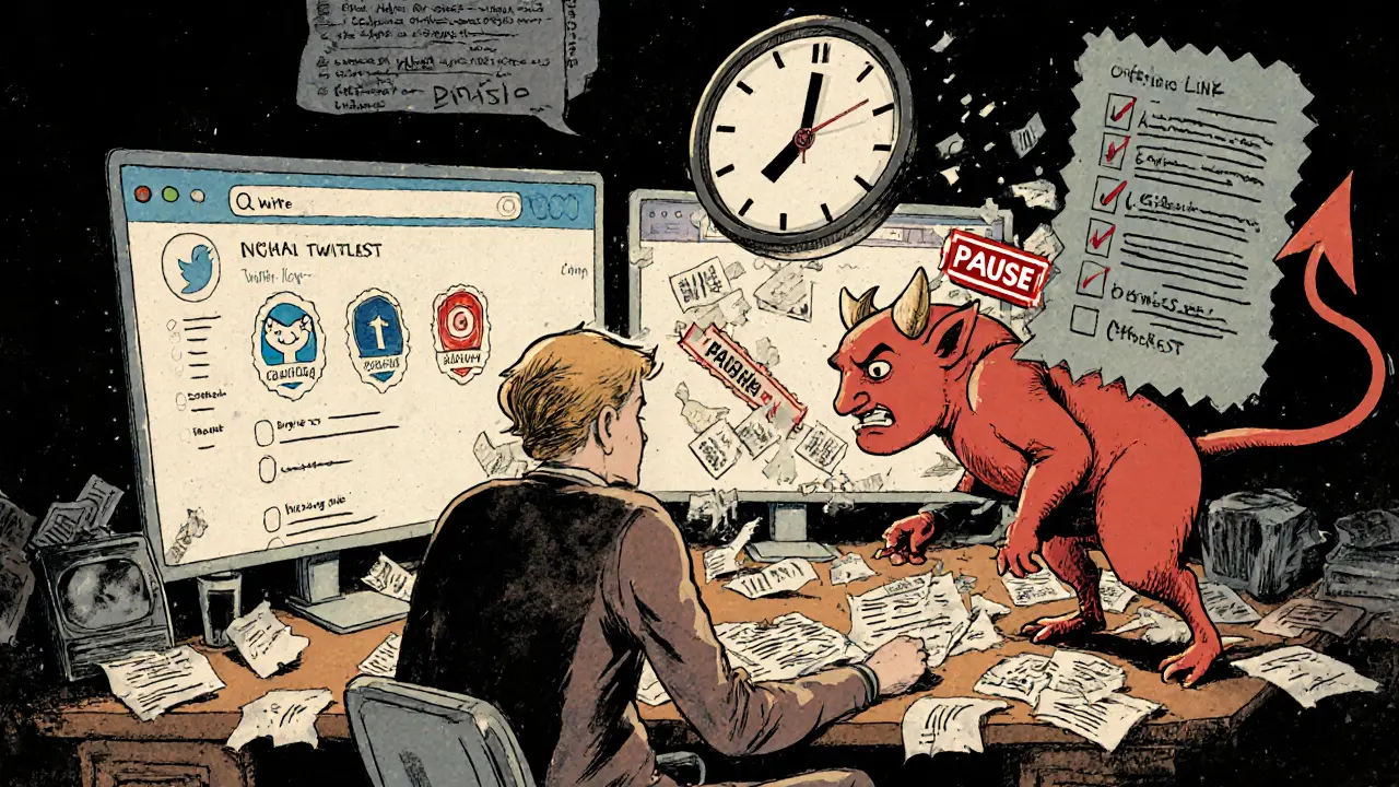 A person verifying sources on three screens while a phishing devil is chased away by a PAUSE stamp and checklist.