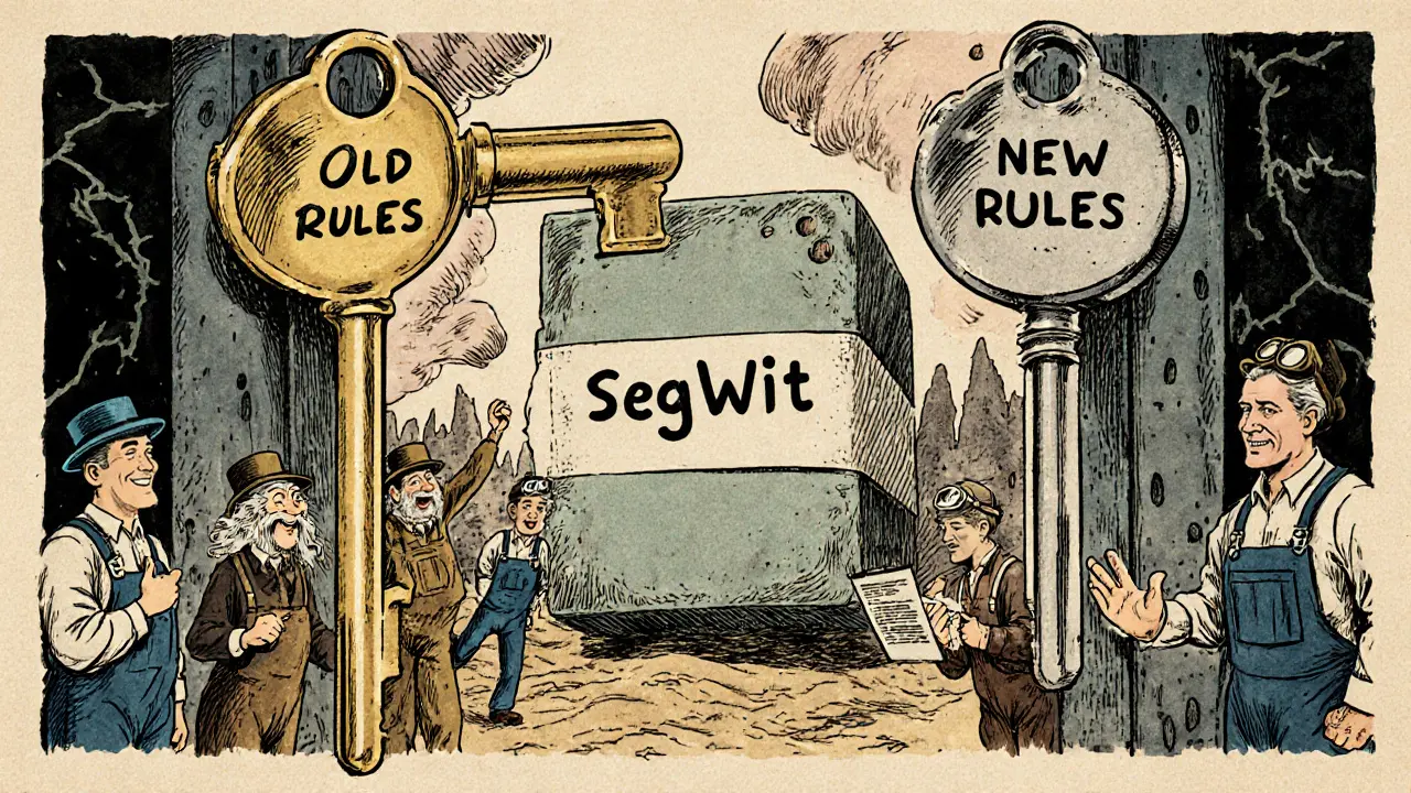 A security gate with two keys fitting the same lock, miners cheering as a new block passes, old and new nodes in comic style.