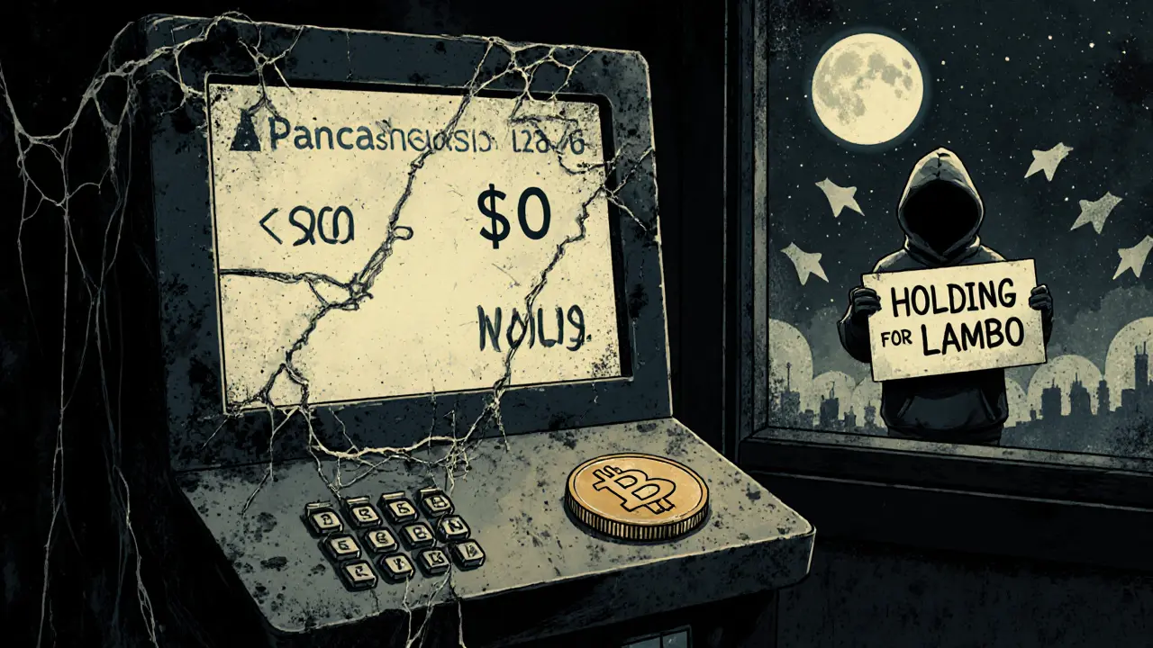 An abandoned trading terminal showing <h2>How to Get WLBO (If You Really Want To)</h2> price, with a lonely holder gazing at a fading Lambo dream.