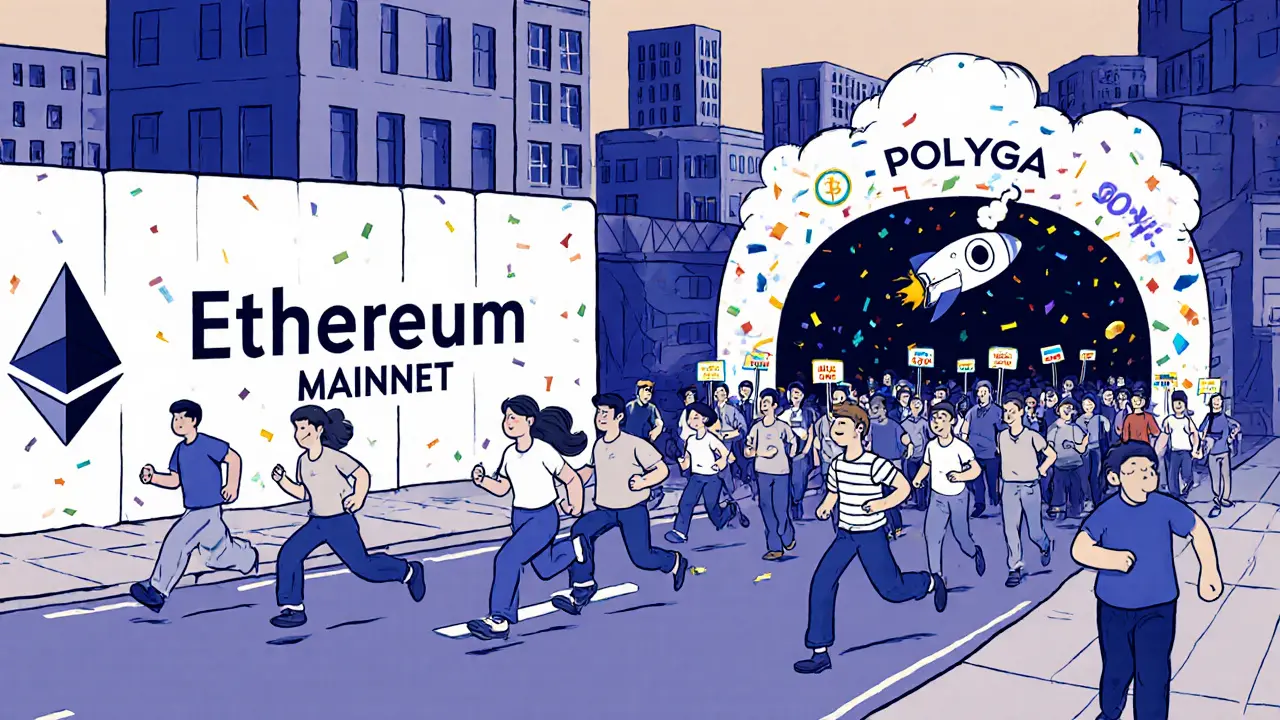 Cartoon city where users avoid a 0 gas wall on Ethereum but zoom through a cheap Polygon tunnel, while a Solana rocket crashes nearby.