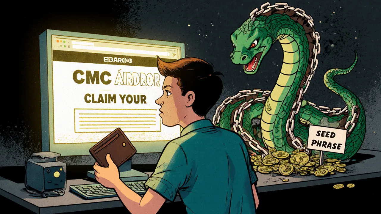Confused user being drained by a chain serpent from a fake CMC airdrop website.