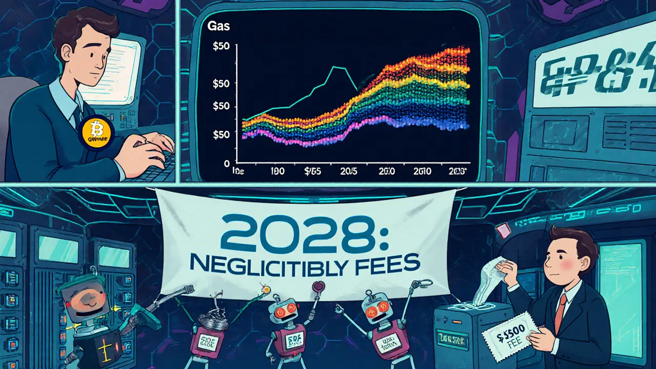 Control room showing gas fees dropping from  to <h2>What Happens When Fees Spike?</h2>.005, with future &#039;negligible fees&#039; banner and developer optimizing code.