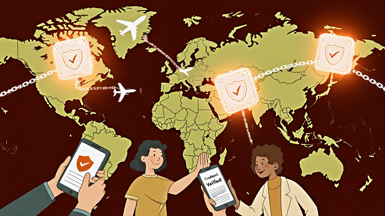 Digital identity wallets fly between countries on a map, connected by blockchain chains, replacing crumbling paper IDs.