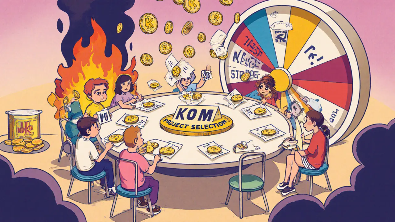 Diverse group voting with KOM tokens above a spinning project selection wheel