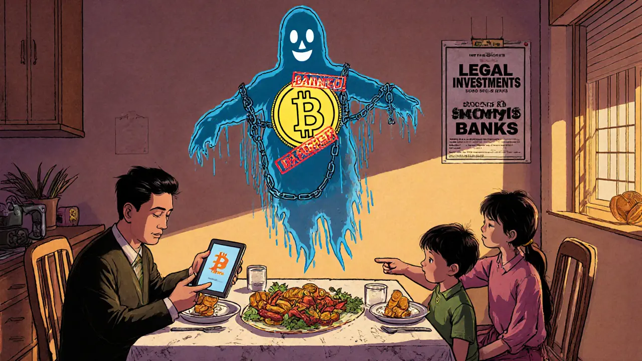 Family uses digital yuan at dinner while a chained, banned Bitcoin ghost hovers above, surrounded by legal investment posters.