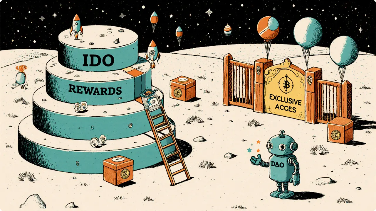 Gamified MoonEdge world with users earning points on a ladder toward exclusive access, featuring a friendly robot mascot.