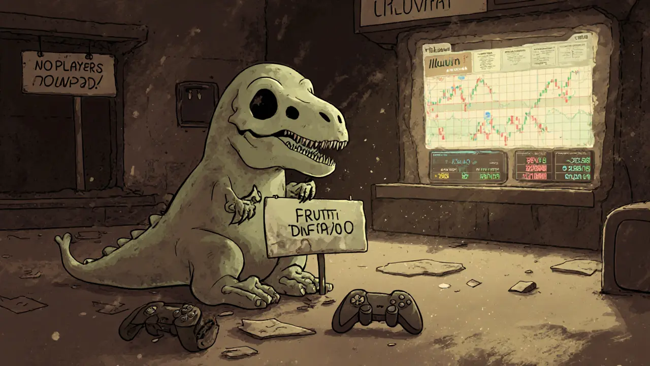 Ghostly dinosaur skeleton in empty game lobby, contrasted with a vibrant, active GameFi project.