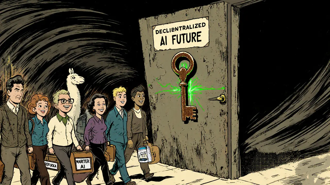 Giant door labeled &#039;Decentralized AI Future&#039; with MATRIX key stuck in lock, crowd walks past to better options.