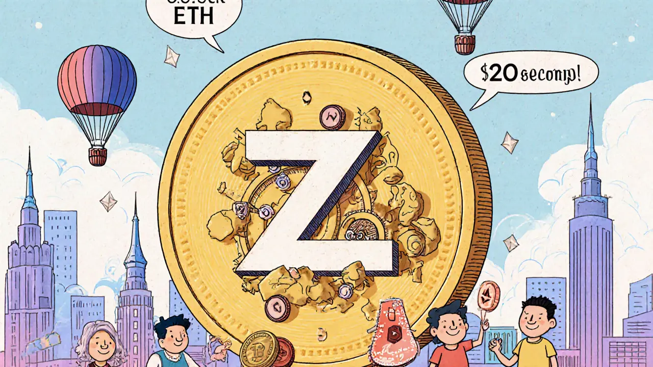 Giant ZKL coin with unlocking mechanism, users staking and receiving airdrop parachutes, surrounded by Ethereum towers in vintage cartoon style.