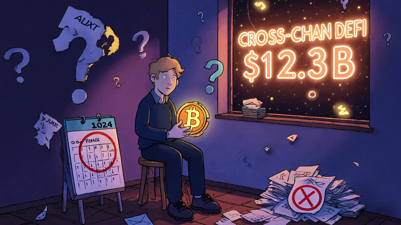 Lonely investor holding a faintly glowing PLX token amid abandoned project signs and a faded roadmap.