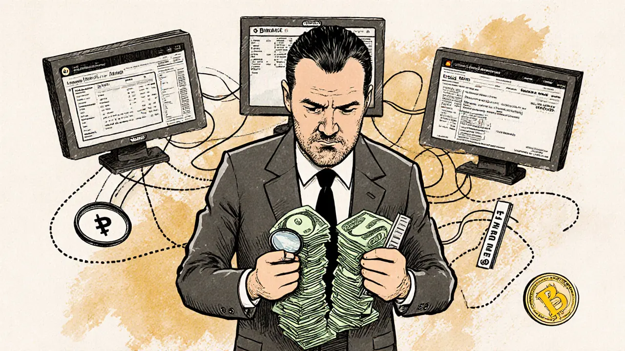 Man splitting lira into small piles to avoid detection, with crypto exchange screens in background.