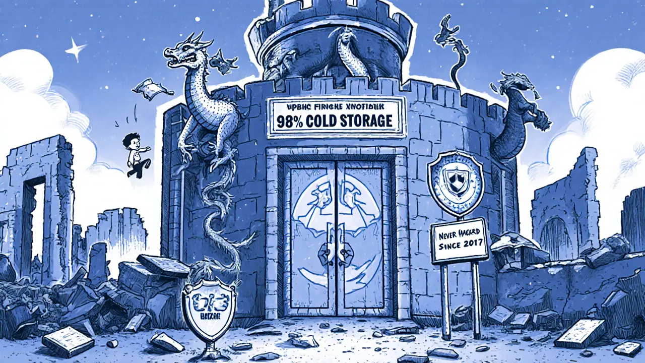 Security fortress with AI dragons guarding cold storage, hacker bouncing off walls, never hacked since 2017.