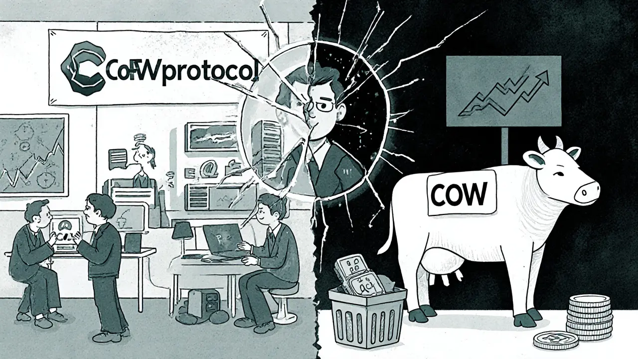 Split cartoon scene: real DeFi project on left, hollow COW token in trash on right.