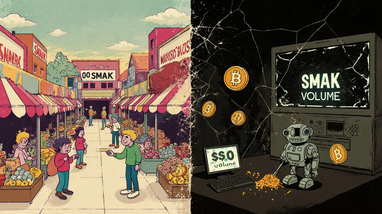 Split cartoon scene: vibrant marketplace vs. abandoned ruins with floating dust-like tokens.