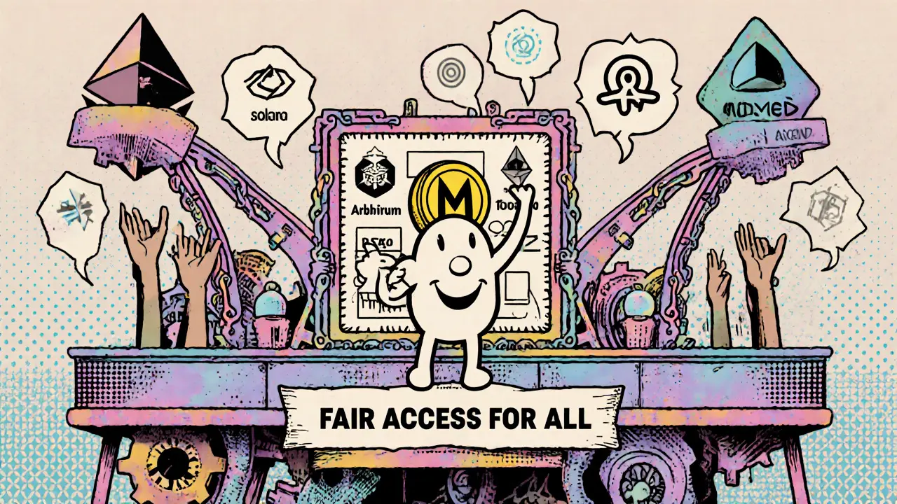 Steampunk-style multi-chain launchpad with DAO voters and MOONED token mascot in a nostalgic cartoon scene.