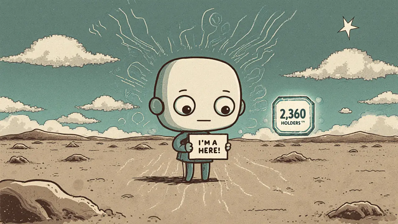 Tiny AI character alone on empty blockchain landscape with fading holder counter and distant DEX.