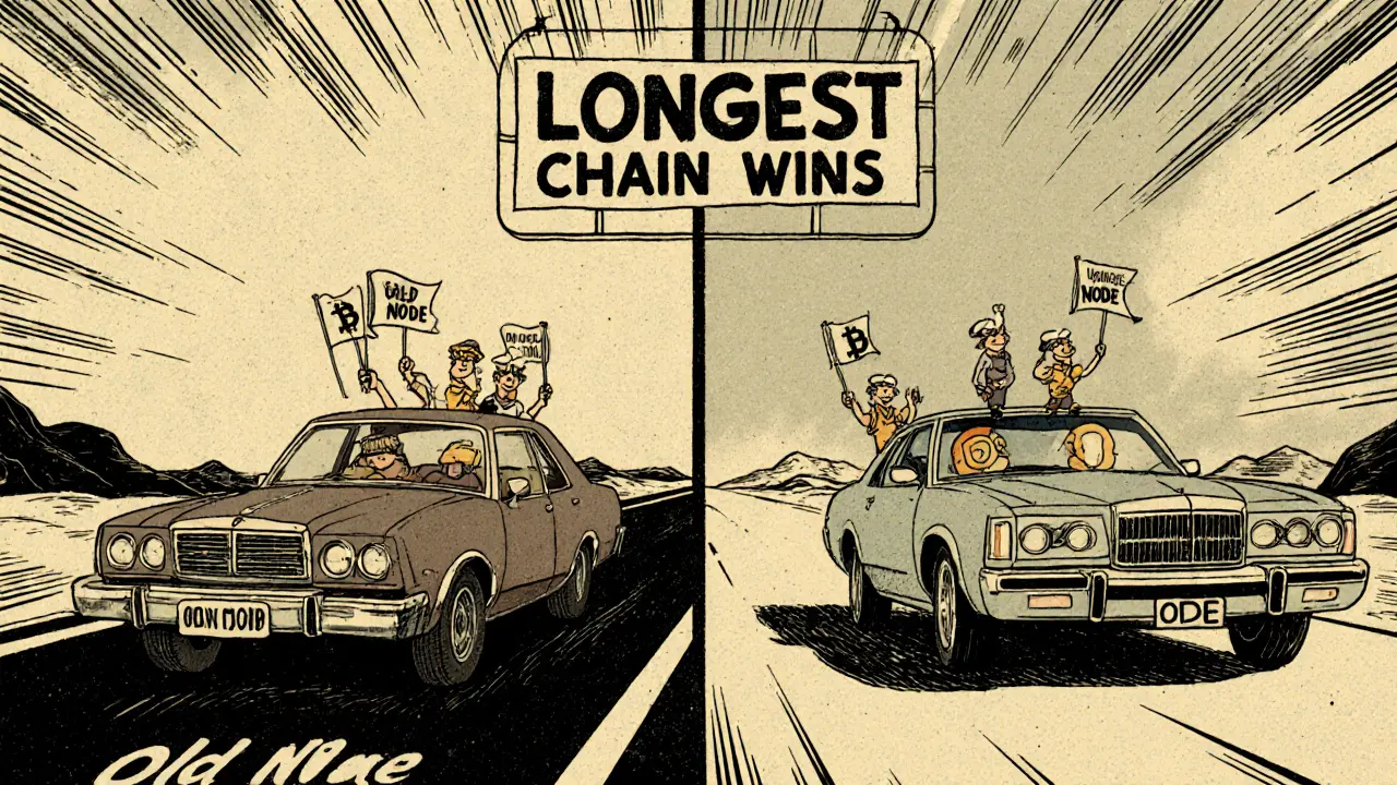 Two cars on the same road—one old without airbags, one modern with them—symbolizing old and upgraded nodes on the Bitcoin chain.