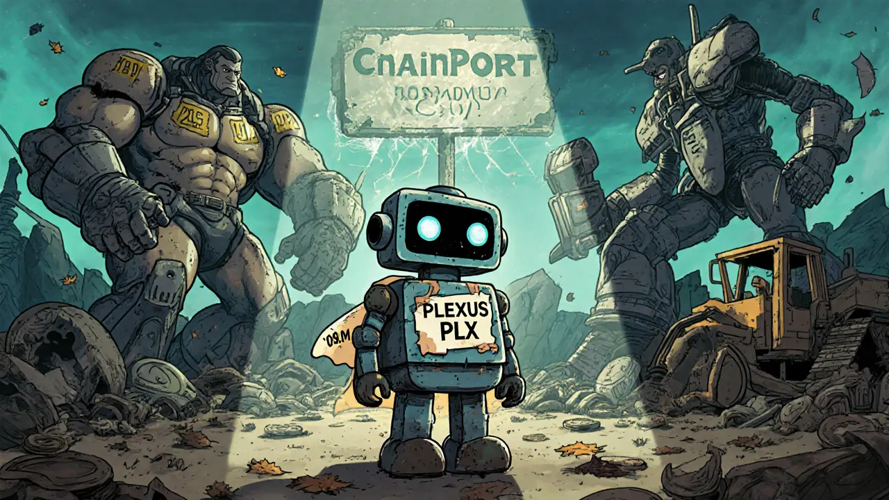 Vintage cartoon showing a small PLX robot losing a battle against larger, well-funded crypto competitors.