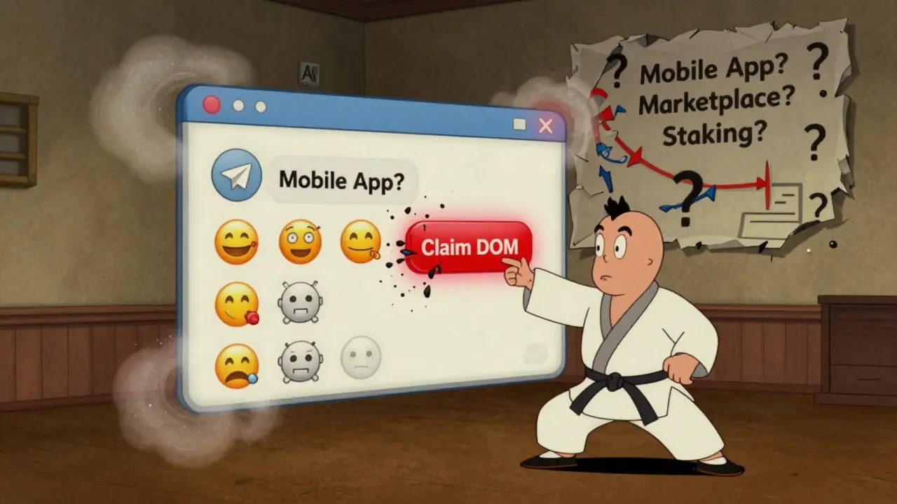 A cartoon Telegram chat filled with bots, as a character watches a 'Claim DOM' button turn to dust.