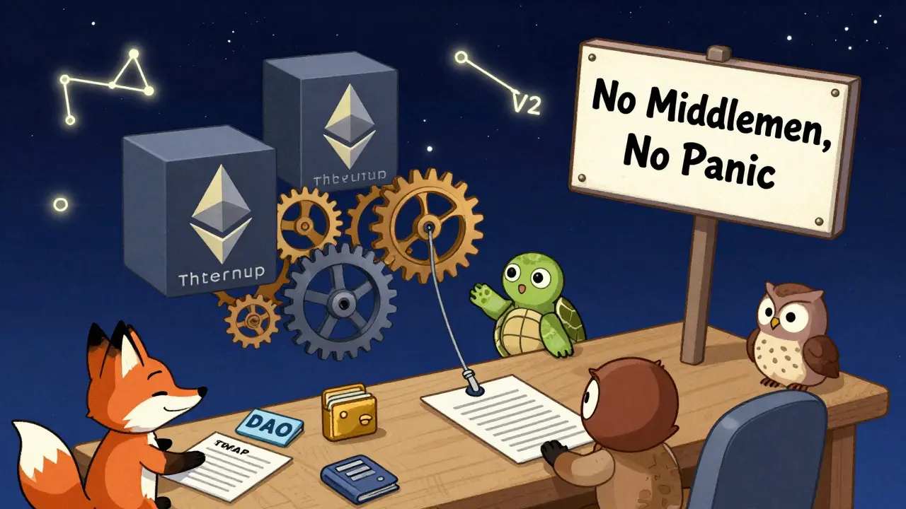 A decentralized OTC desk made of Ethereum blocks and gears with tiny wallets placing orders through a pulley system.