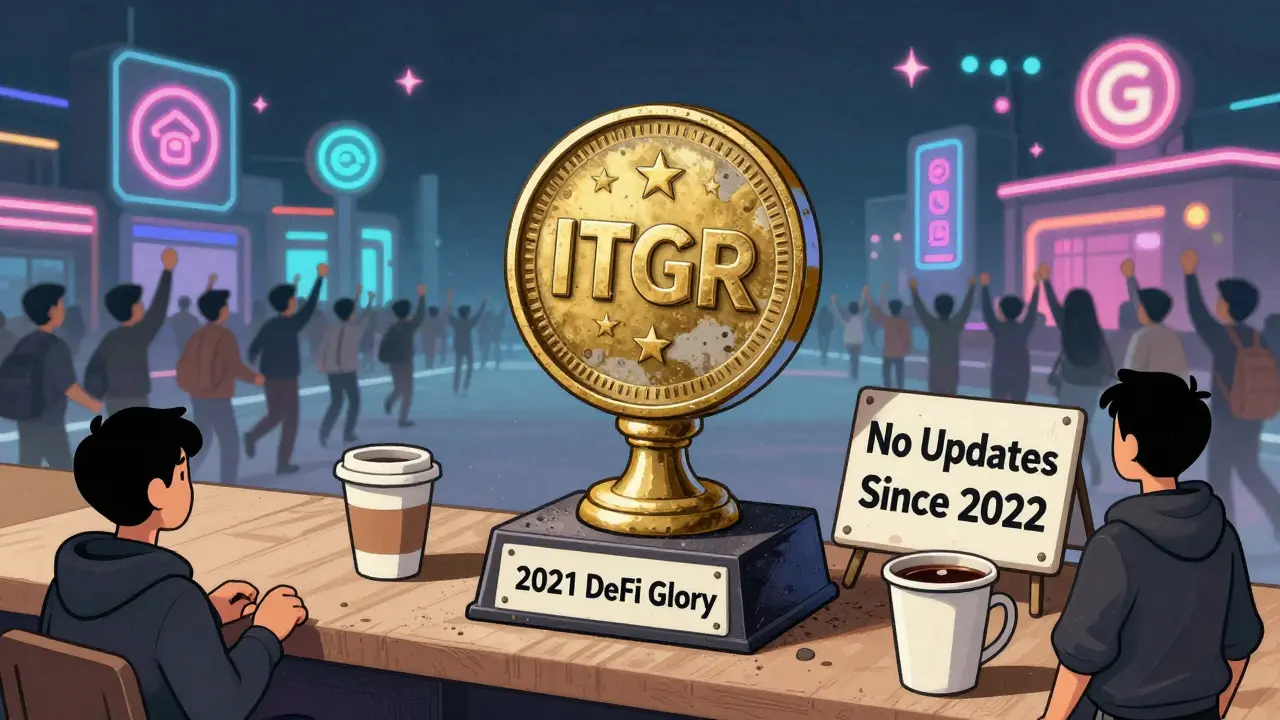 A dusty ITGR token trophy on a shelf labeled '2021 DeFi Glory' ignored as new crypto projects march past.