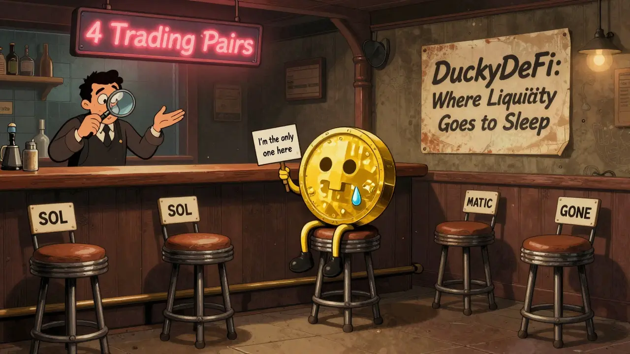 A lonely DEGG token sits alone in an empty DeFi bar, surrounded by empty stools and a flickering neon sign.