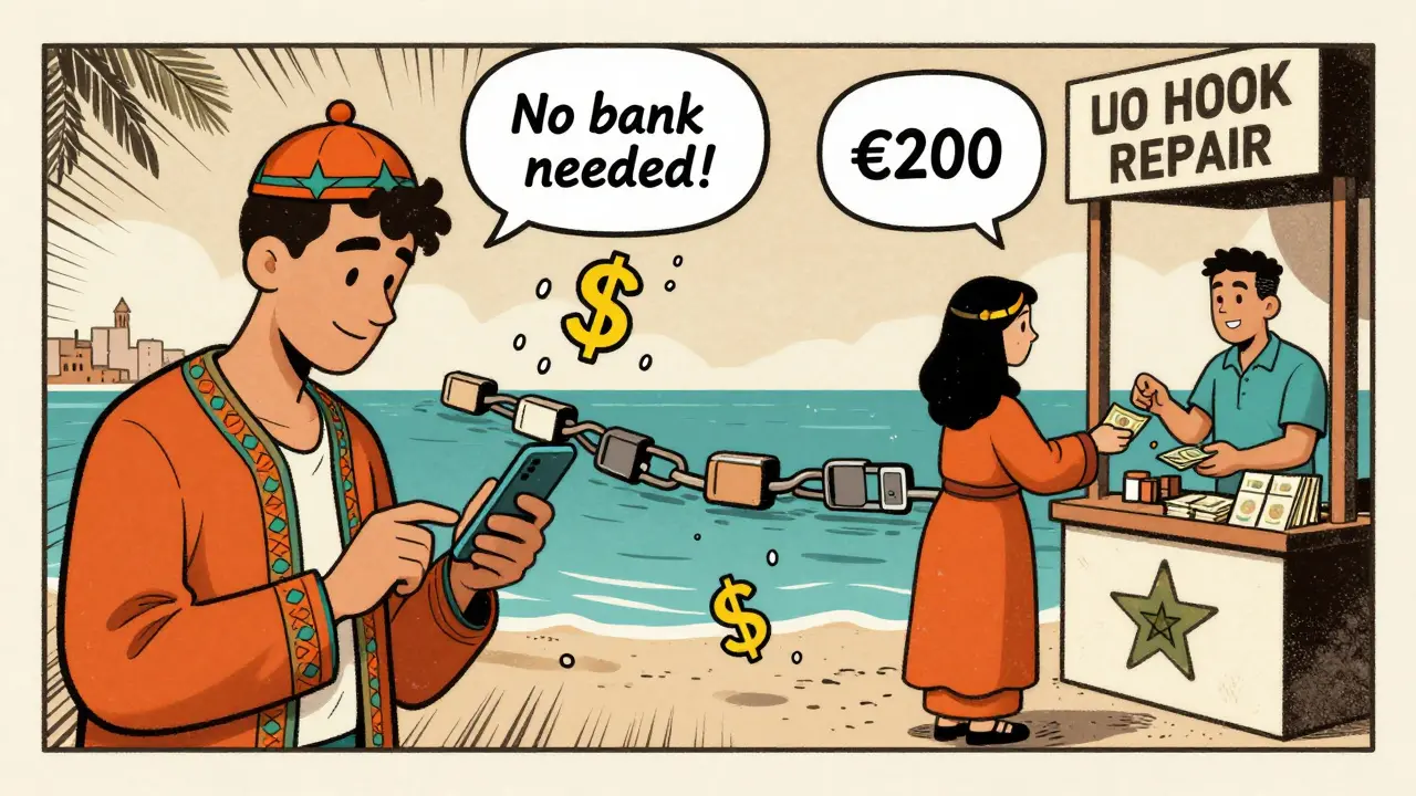 A man in Spain sends crypto to his sister in Morocco, with a blockchain linking the two across the sea.
