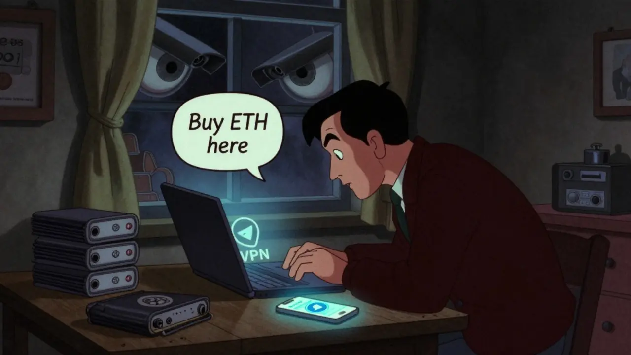 A man uses a VPN at home while surveillance eyes watch from outside.