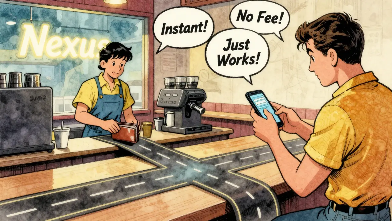 A person tapping their phone as invisible state channels form a path to a café counter.