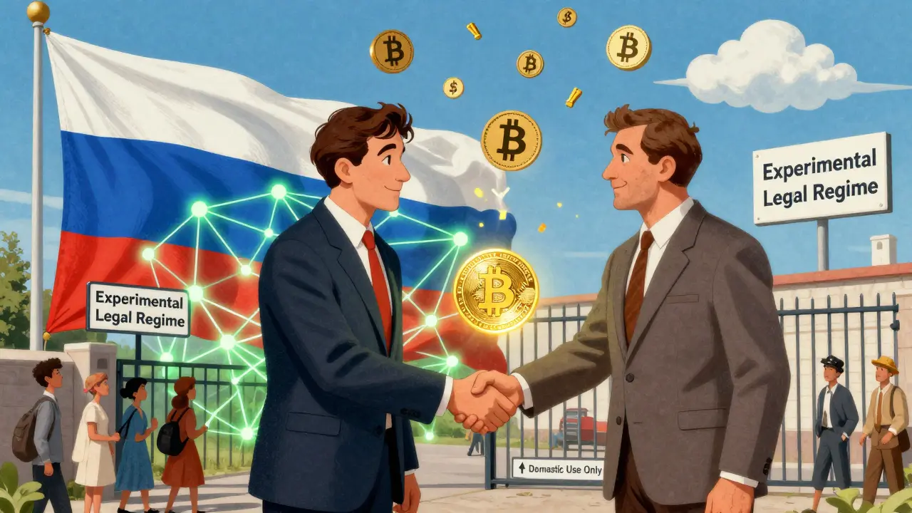 A Russian exporter shaking hands with a foreign buyer as crypto symbols float above them, with a barred gate below labeled 'Domestic Use Only'.