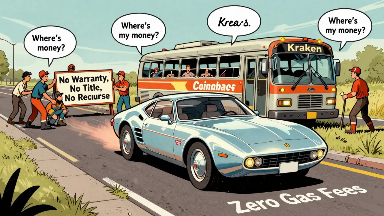 A shiny car with no license plate drives toward a warning sign, while behind it, rescue crews help traders from a broken-down bus.