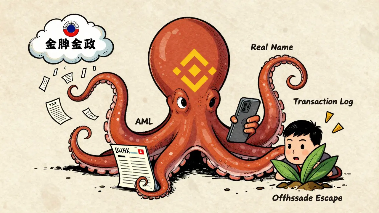 A Taiwanese person tries to hide from a Binance octopus with tax tentacles, while forms rain down in vintage cartoon style.