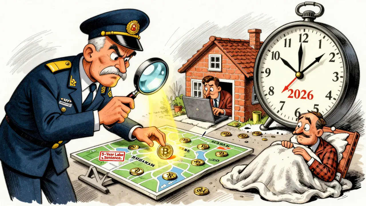 A tax official tracking crypto transactions on a blockchain map, with ordinary Russians hiding their crypto activities in a satirical cartoon style.