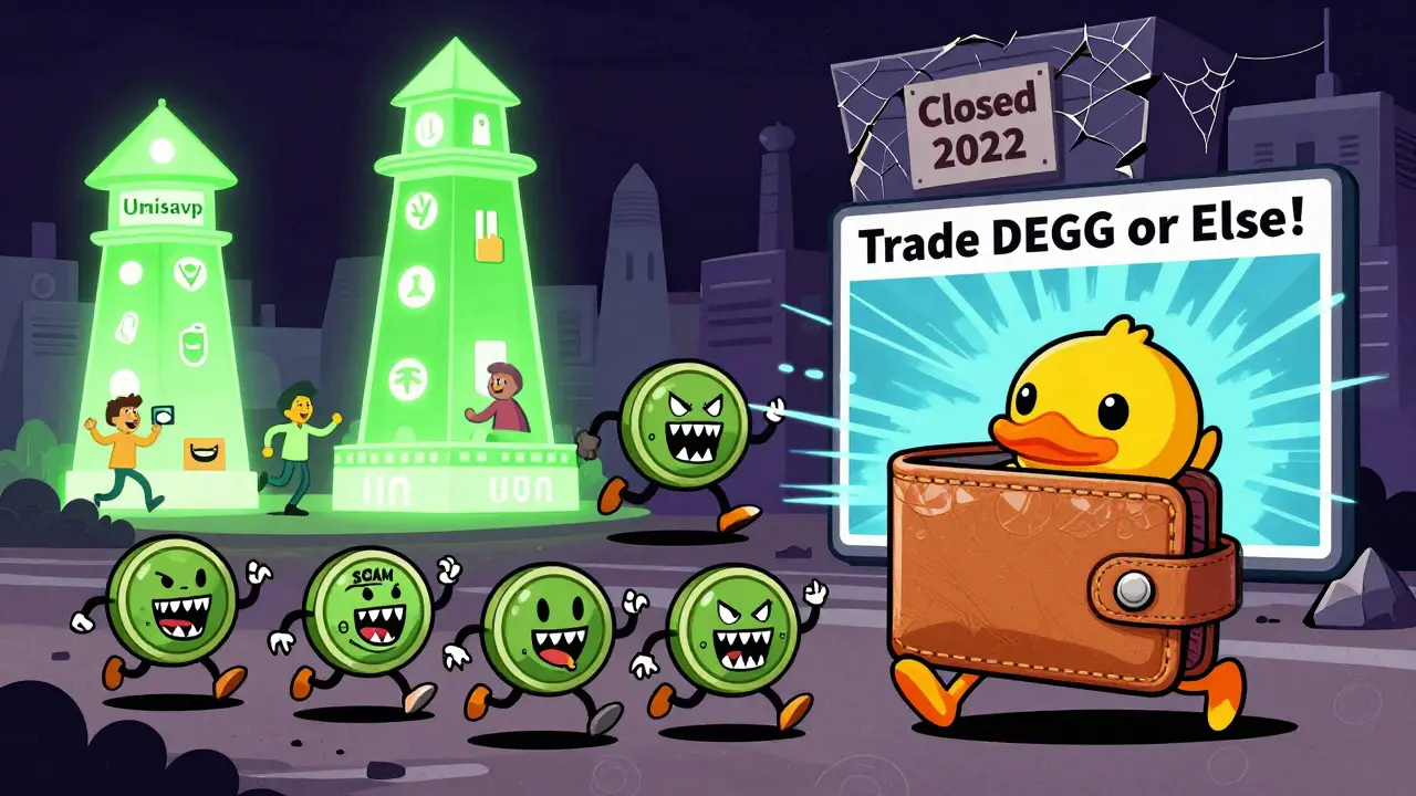 A wallet fleeing from five fake DEGG tokens with fangs, while giant rival DEXs glow safely in the background.