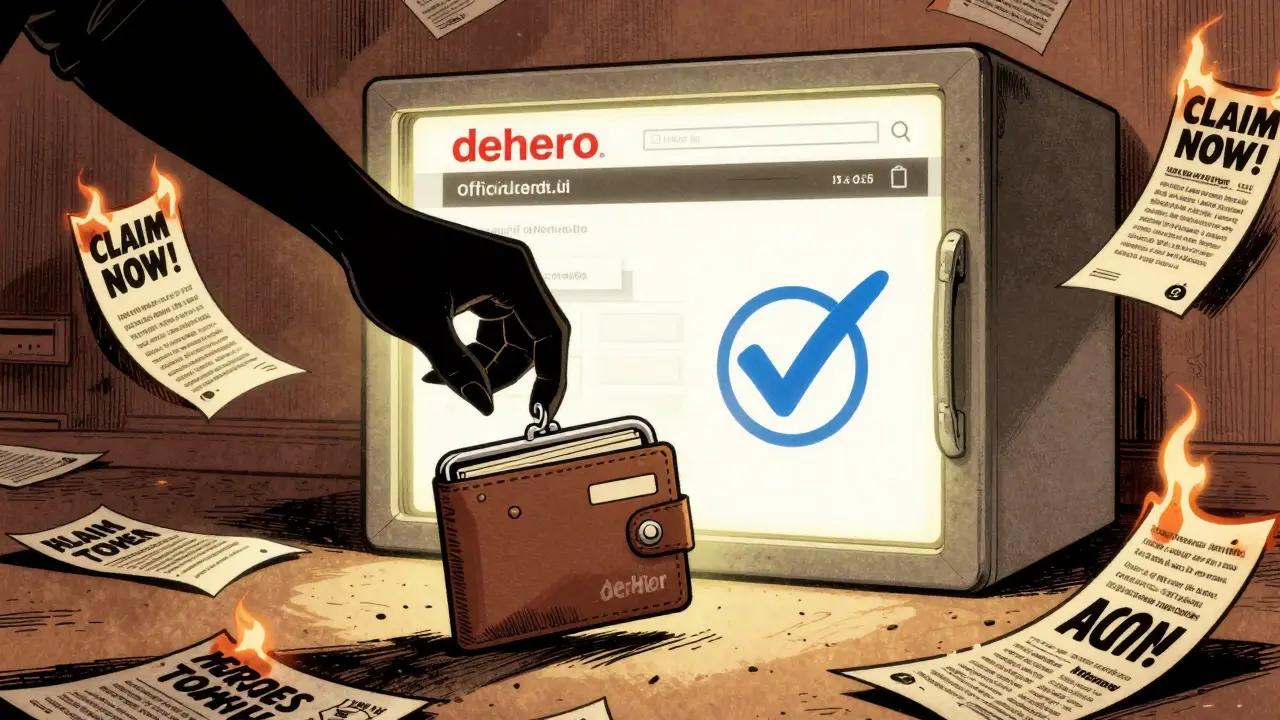 A wallet is being drained by a shadowy hand from a scam site, while the real DeHero site glows safely in the background.