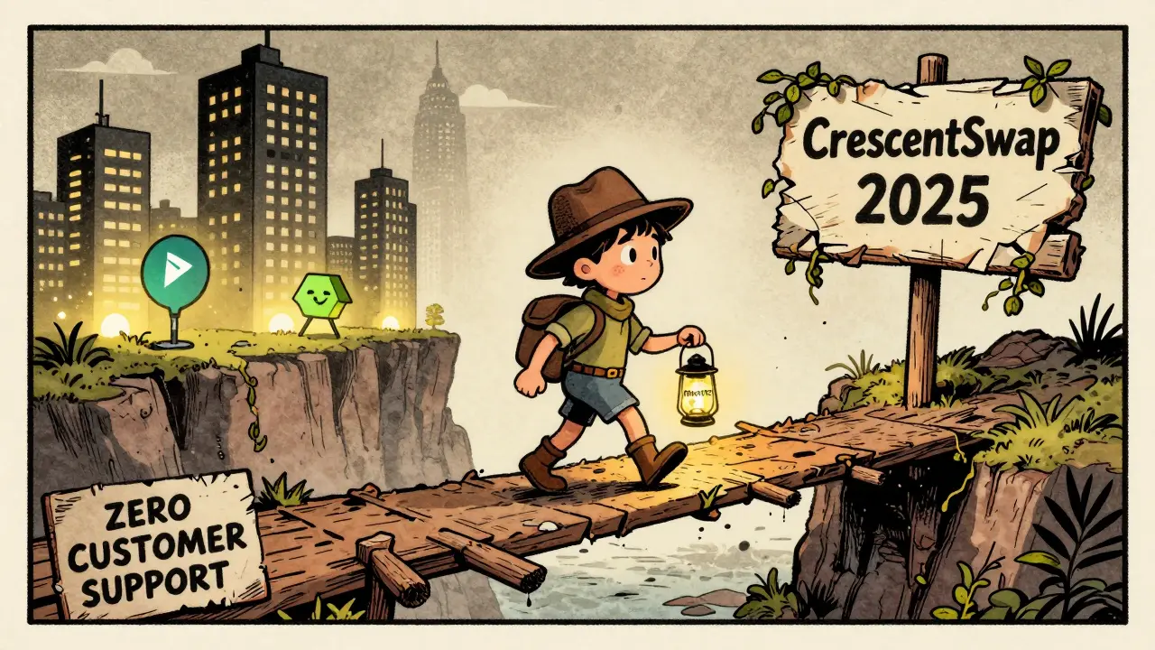 Adventurer crossing a bridge of smart contracts toward big DEXes, while CrescentSwap crumbles behind him.