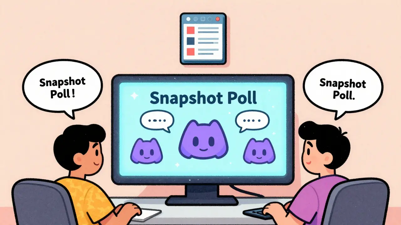 Cartoon Discord scene with avatars debating a poll, while a tiny blockchain records the final vote above.