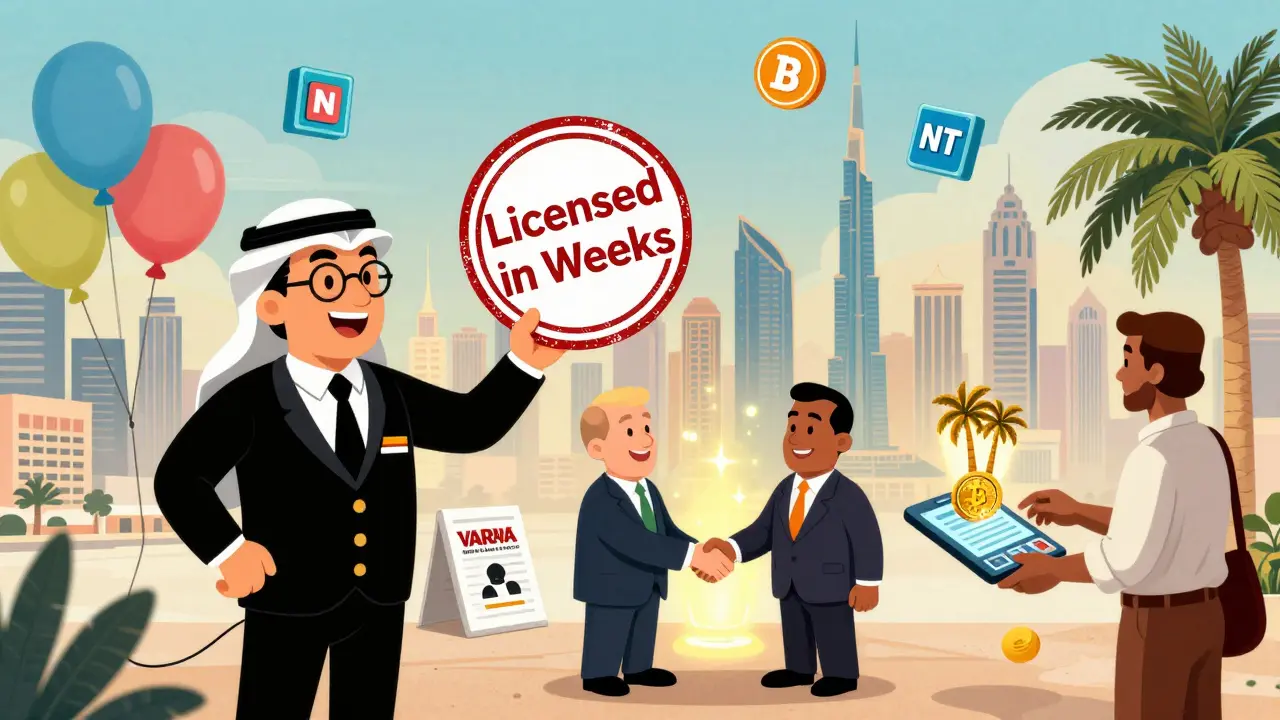 Cartoon Dubai skyline with floating NFTs and regulators stamping crypto licenses in weeks.