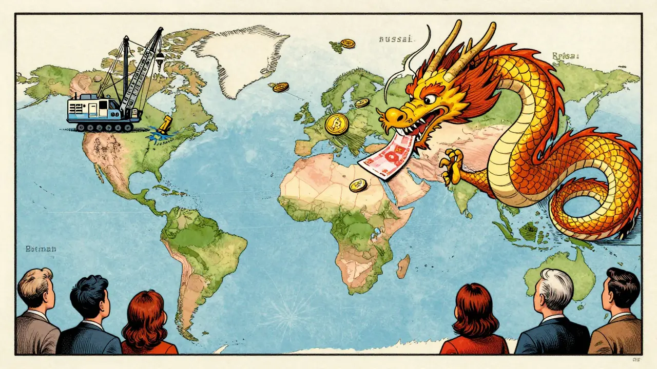 Chinese mining hardware ships worldwide as a digital yuan dragon controls borders.