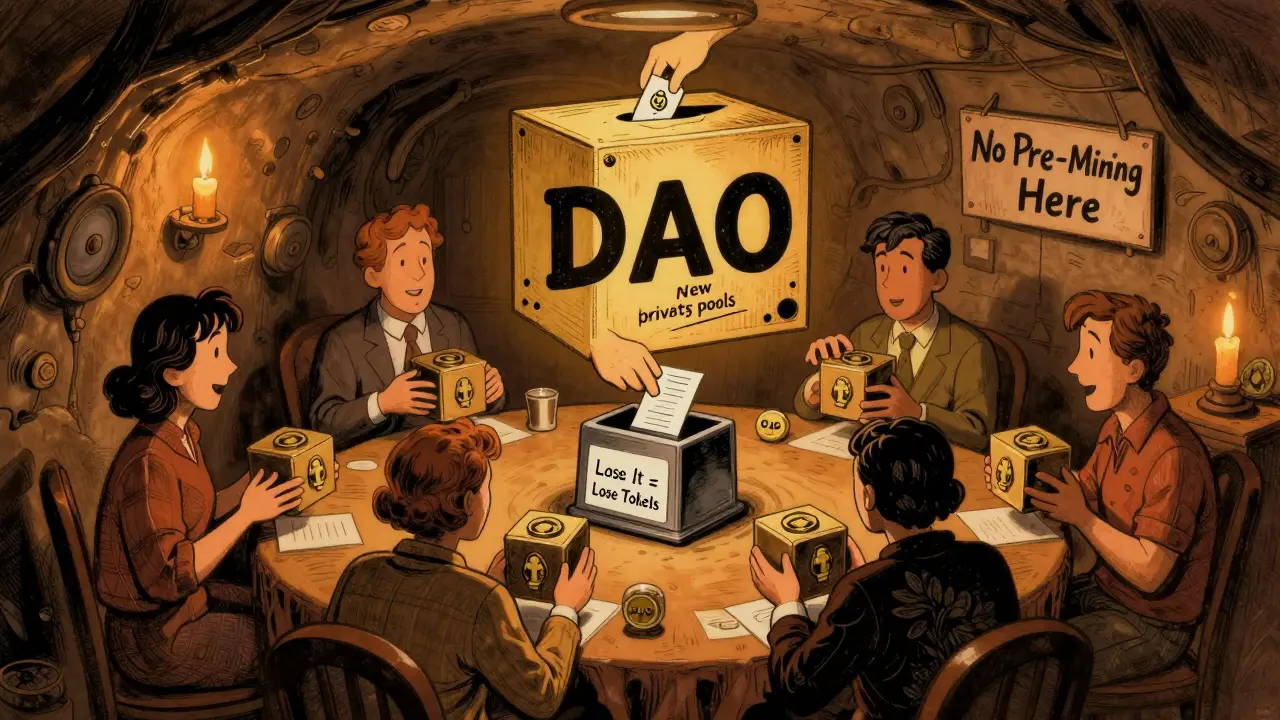 Community voting on privacy upgrades in a candlelit bunker with locked CYC tokens.