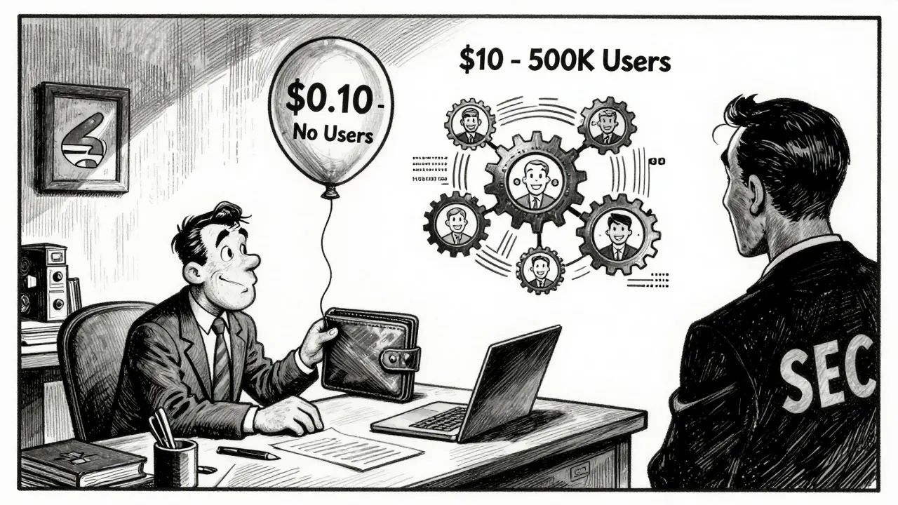 Contrasting two tokens: one worthless, one thriving, with an observer watching from the shadows.