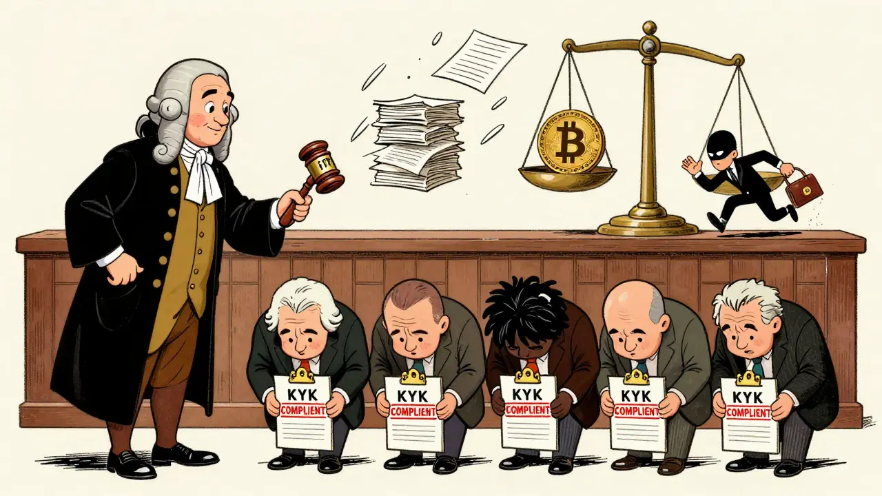 Courtroom where crypto exchanges comply with KYC regulations under FATF judge, illustrated in classic editorial cartoon style.