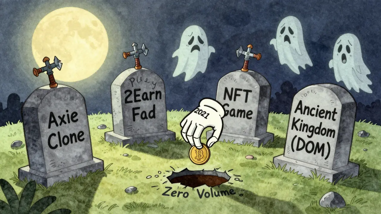 Crypto project graveyard with tombstones, including Ancient Kingdom, under a moonlit sky.