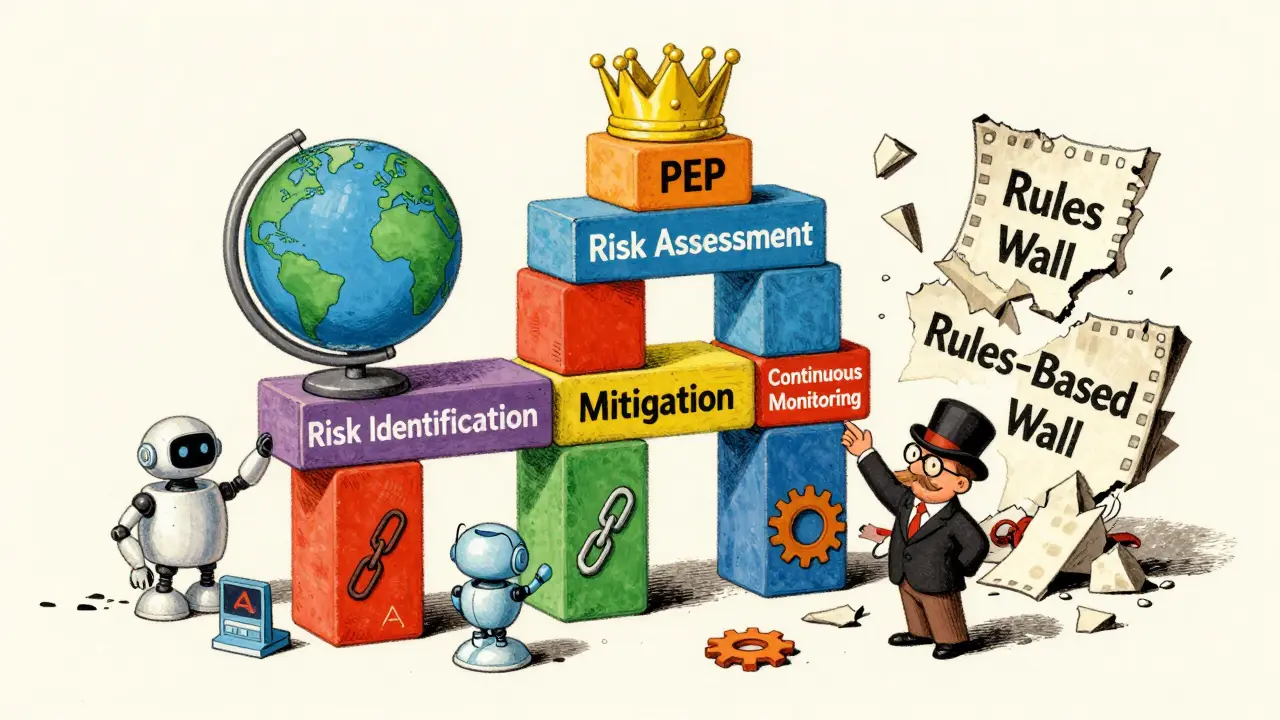 Four-pillar compliance tower being built by cartoon team with AI tools, while a rules-based wall crumbles behind.