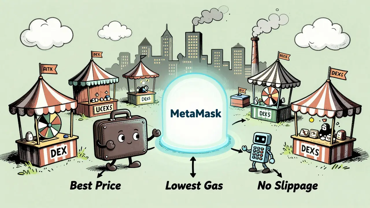 Friendly wallet connecting to a portal while quirky DEX booths and a robot router guide the trade.