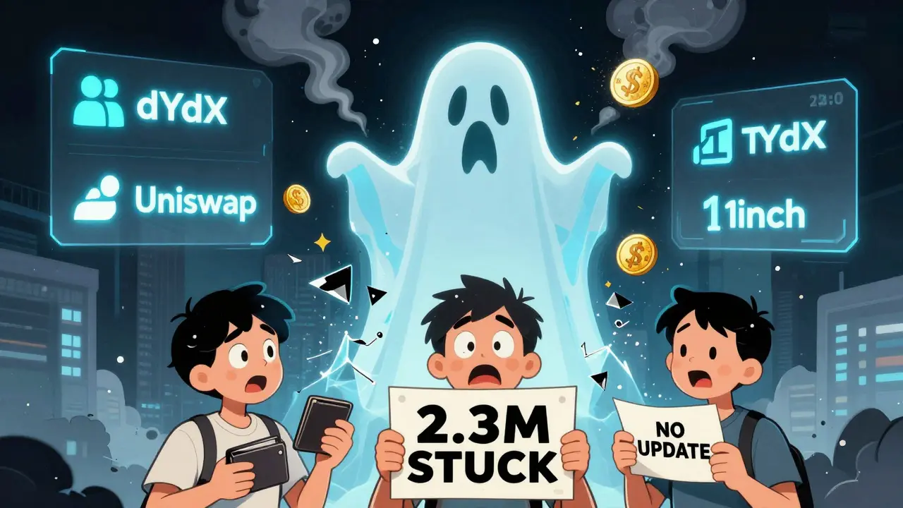 Ghostly dex.blue building crumbling as users watch tokens drift away, alternatives glowing nearby.