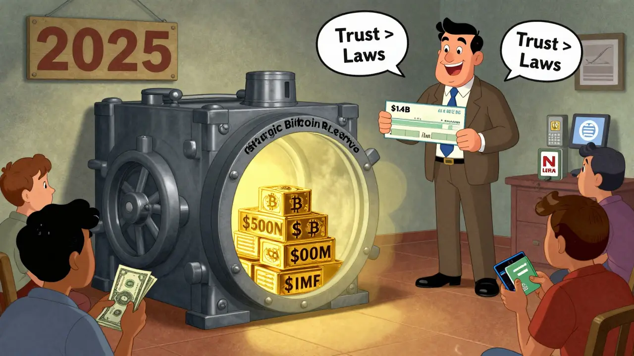 Government vault holds Bitcoin reserves while citizens use cash and apps, with IMF handing over a loan check.