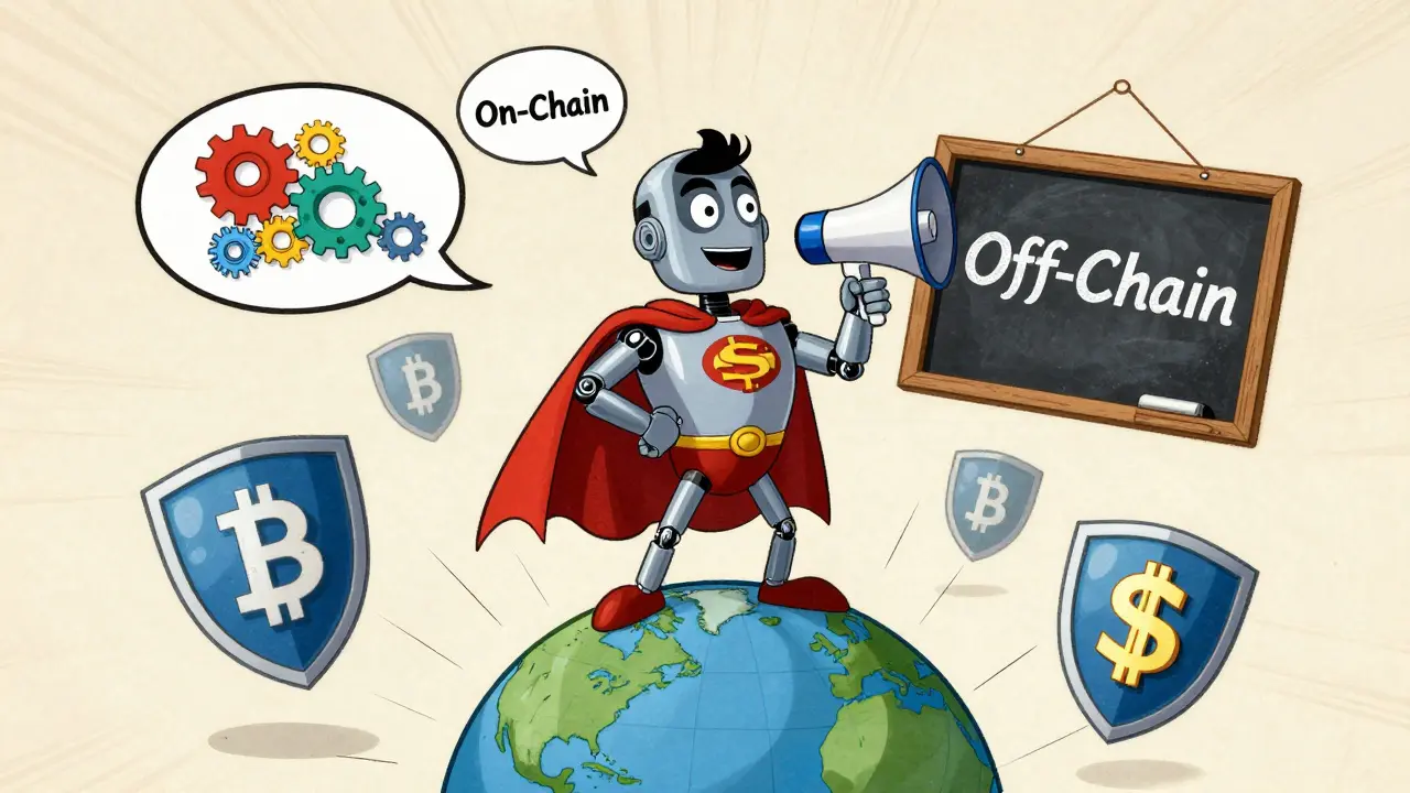 Hybrid governance superhero with robotic on-chain arm and human off-chain hand, standing on a crypto globe.